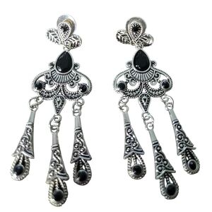 Silver-Tone Black Stone Dangle Earrings